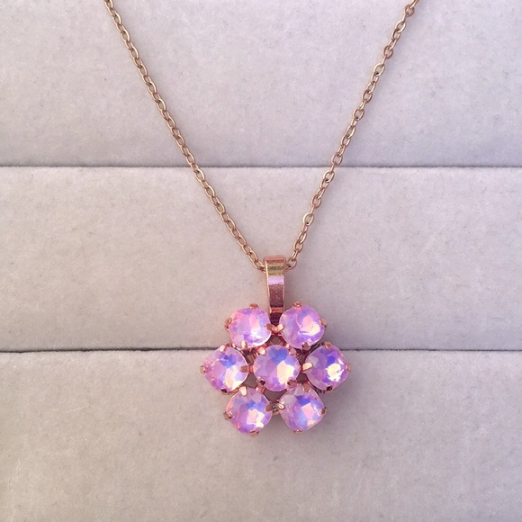 Jewelry - Pink Opal Aurora Borealis +Rose Gold Crystal Flower Drop Pendant Necklace